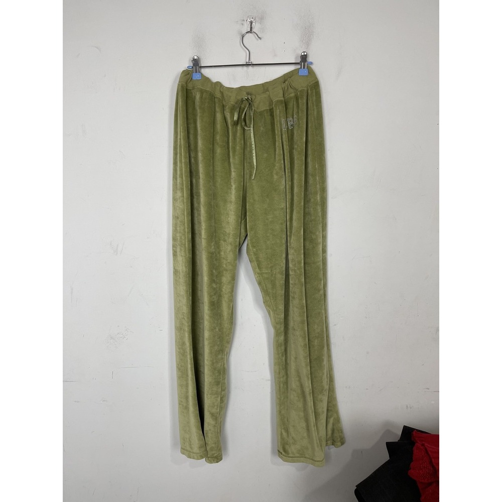 BCBG Women Olive‎ Green Velour Tracksuit XL Rhinestone Full Zip Jacket Pants Set